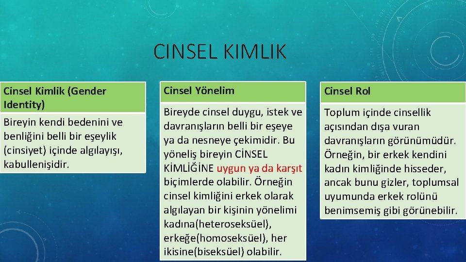 CINSEL KIMLIK Cinsel Kimlik (Gender Identity) Bireyin kendi bedenini ve benliğini belli bir eşeylik