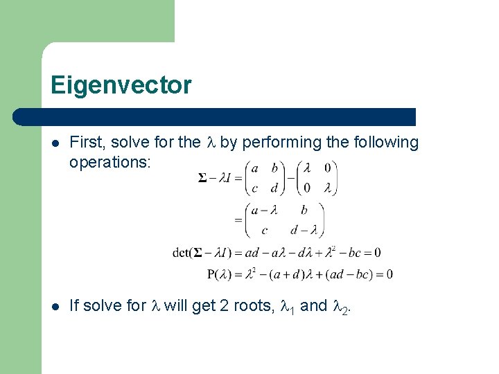 Eigenvector l First, solve for the by performing the following operations: l If solve