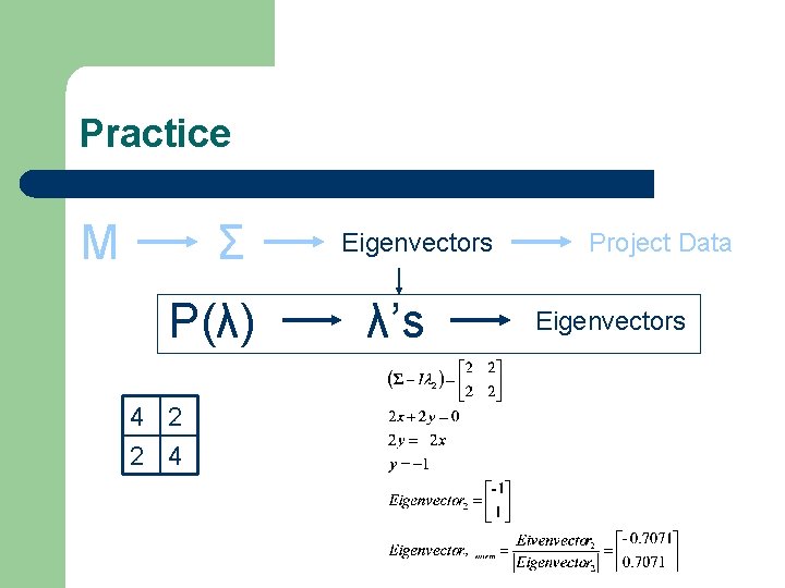 Practice M Σ P(λ) 4 2 2 4 Eigenvectors λ’s Project Data Eigenvectors 