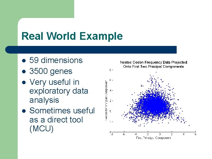 Real World Example l l 59 dimensions 3500 genes Very useful in exploratory data