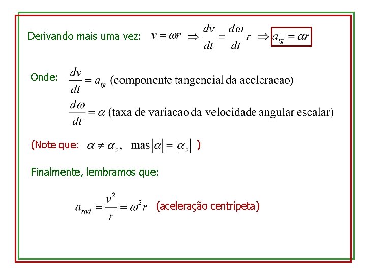 Derivando mais uma vez: Onde: (Note que: ) Finalmente, lembramos que: (aceleração centrípeta) 