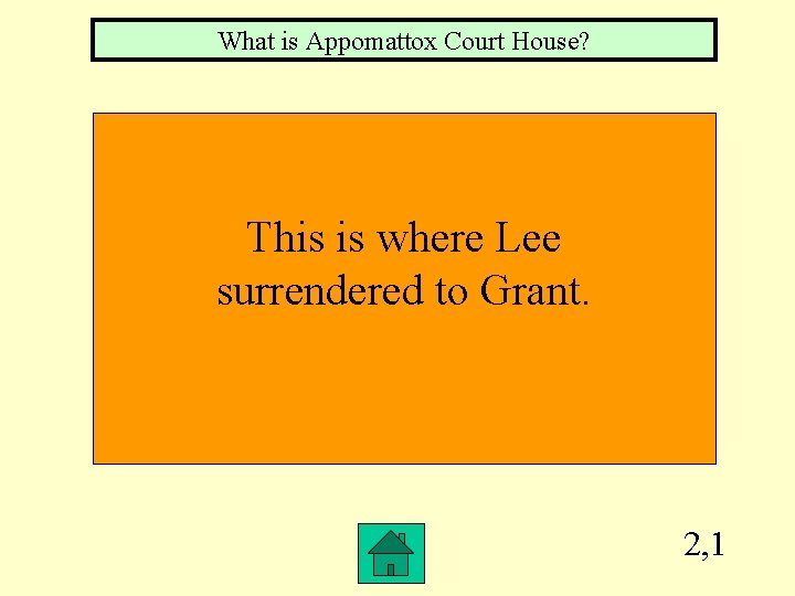 What is Appomattox Court House? This is where Lee surrendered to Grant. 2, 1