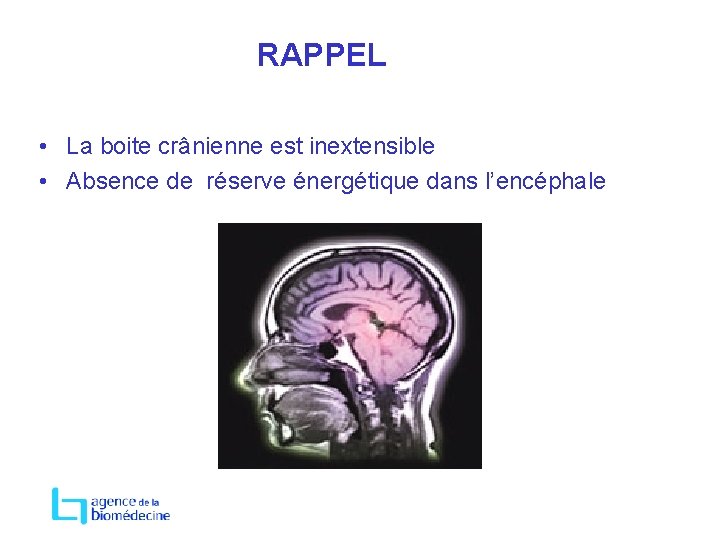 RAPPEL • La boite crânienne est inextensible • Absence de réserve énergétique dans l’encéphale