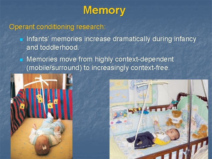 Memory Operant conditioning research: n Infants’ memories increase dramatically during infancy and toddlerhood. n