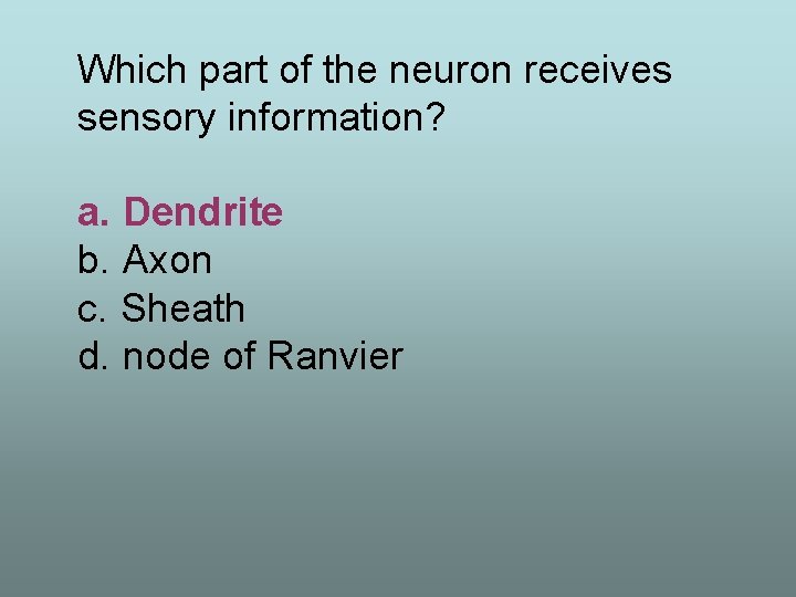 Which part of the neuron receives sensory information? a. Dendrite b. Axon c. Sheath