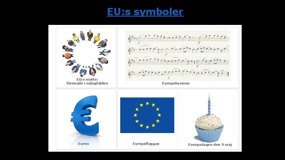 EU: s symboler EU: s motto: förenade i mångfalden Europahymnen Europaflaggan Europadagen den 9