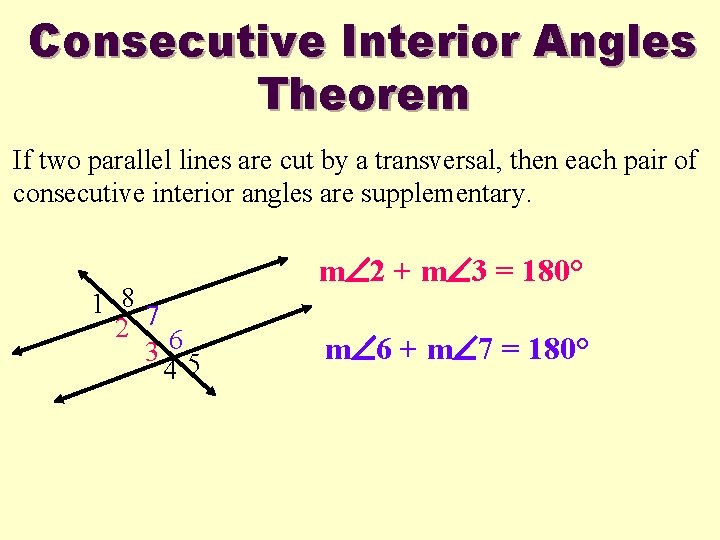 Consecutive Interior Angles Theorem If two parallel lines are cut by a transversal, then