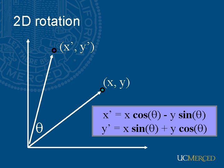 2 D rotation (x’, y’) (x, y) x’ = x cos( ) - y