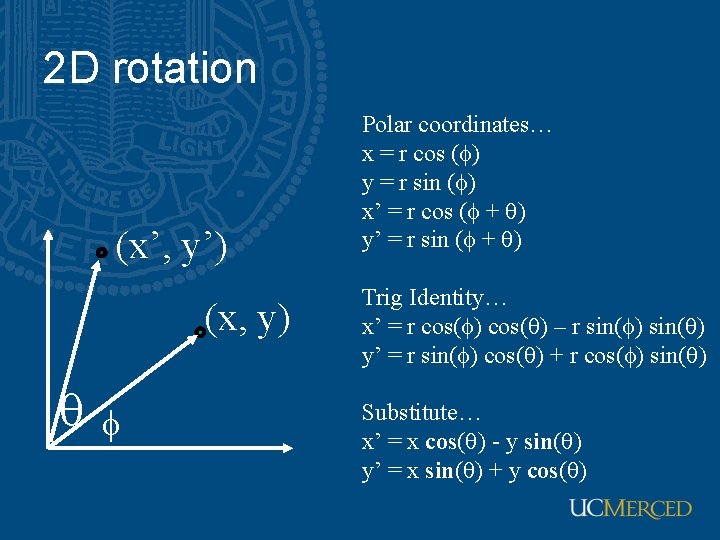 2 D rotation (x’, y’) (x, y) f Polar coordinates… x = r cos