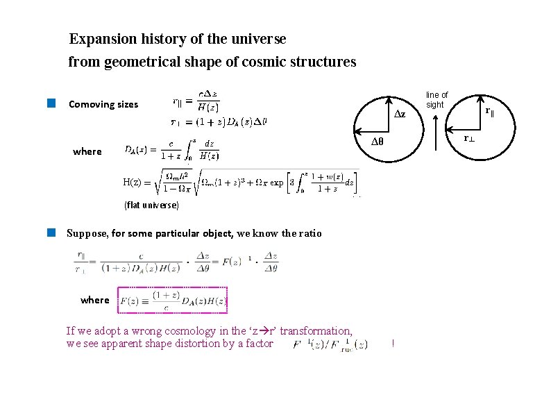 Expansion history of the universe from geometrical shape of cosmic structures Comoving sizes Δz