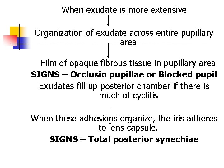 When exudate is more extensive Organization of exudate across entire pupillary area Film of When exudate is more extensive Organization of exudate across entire pupillary area Film of