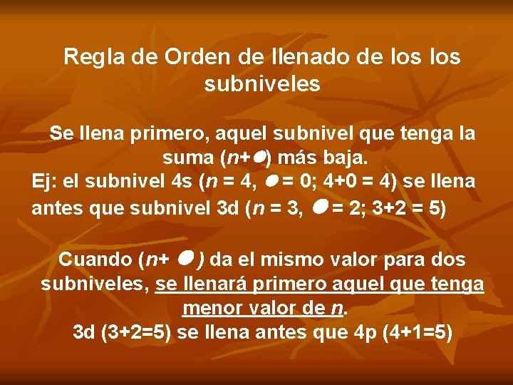 Regla de Orden de llenado de los subniveles Se llena primero, aquel subnivel que