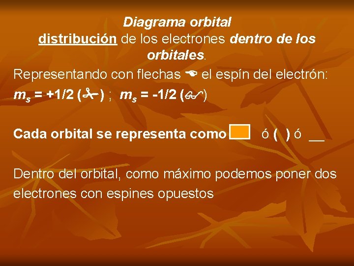 Diagrama orbital distribución de los electrones dentro de los orbitales. Representando con flechas el