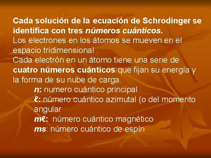 Cada solución de la ecuación de Schrodinger se identifica con tres números cuánticos. Los