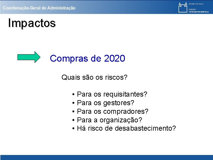 Impactos Compras de 2020 Quais são os riscos? • Para os requisitantes? • Para