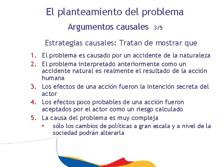 El planteamiento del problema Argumentos causales 3/5 Estrategias causales: Tratan de mostrar que 1.