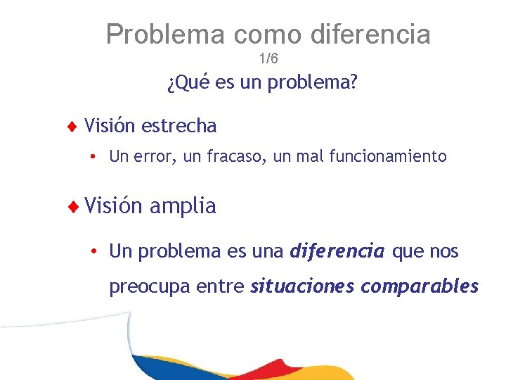 Problema como diferencia 1/6 ¿Qué es un problema? ¨ Visión estrecha • Un error,