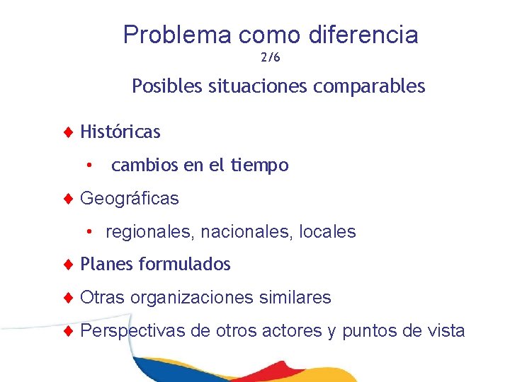 Problema como diferencia 2/6 Posibles situaciones comparables ¨ Históricas • cambios en el tiempo