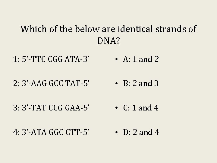 Which of the below are identical strands of DNA? 1: 5’-TTC CGG ATA-3’ • Which of the below are identical strands of DNA? 1: 5’-TTC CGG ATA-3’ •