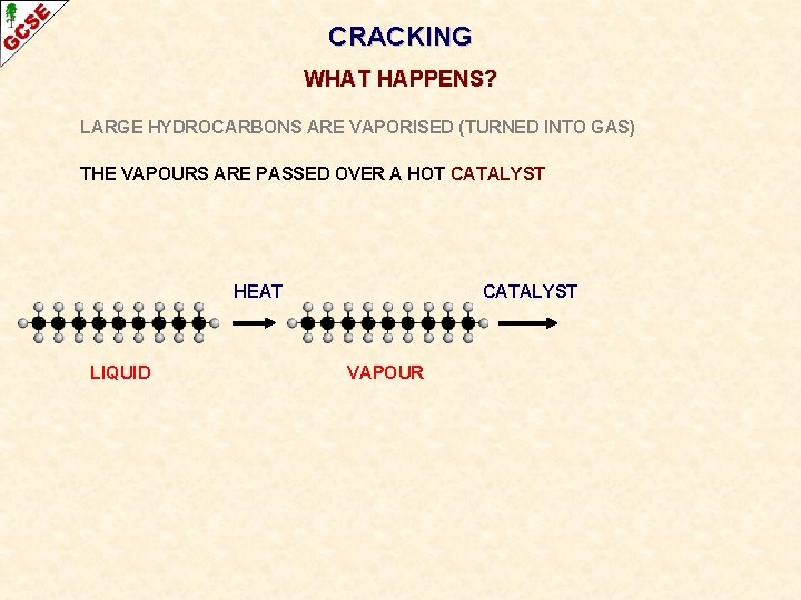 CRACKING WHAT HAPPENS? LARGE HYDROCARBONS ARE VAPORISED (TURNED INTO GAS) THE VAPOURS ARE PASSED