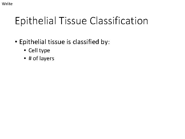 Write Epithelial Tissue Classification • Epithelial tissue is classified by: • Cell type •