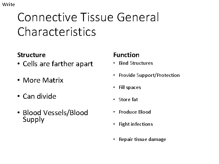 Write Connective Tissue General Characteristics Structure • Cells are farther apart • More Matrix