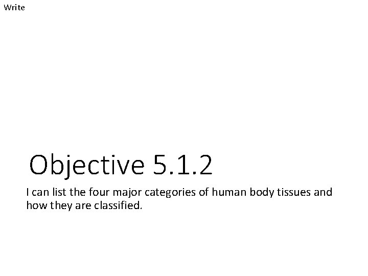 Write Objective 5. 1. 2 I can list the four major categories of human