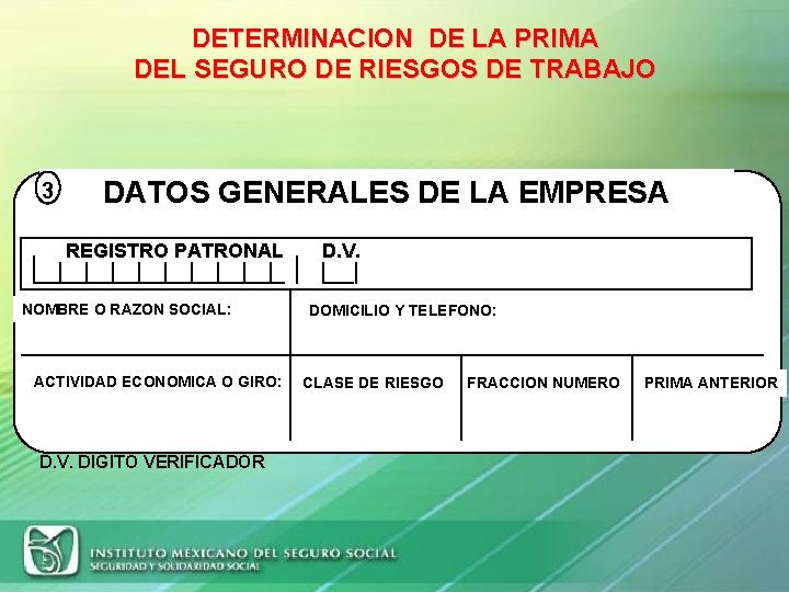 DETERMINACION DE LA PRIMA DEL SEGURO DE RIESGOS DE TRABAJO 3 DATOS GENERALES DE