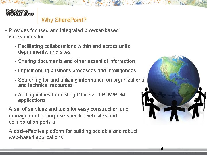 Why Share. Point? • Provides focused and integrated browser-based workspaces for § Facilitating collaborations