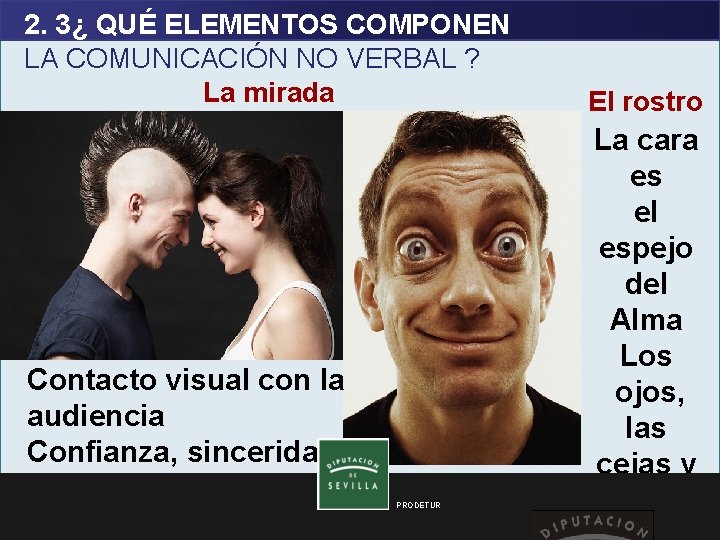 2. 3¿ QUÉ ELEMENTOS COMPONEN LA COMUNICACIÓN NO VERBAL ? La mirada Contacto visual