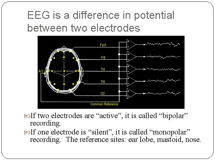 EEG is a difference in potential between two electrodes If two electrodes are “active”,