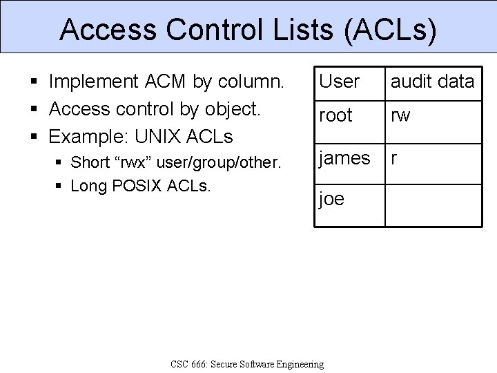 Access Control Lists (ACLs) § Implement ACM by column. § Access control by object.