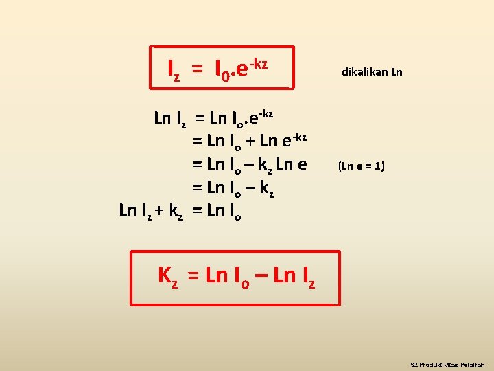 Iz = I 0. e-kz Ln Iz = Ln Io. e-kz = Ln Io