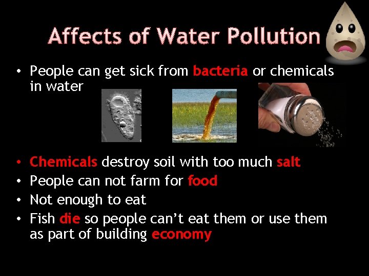 Affects of Water Pollution • People can get sick from bacteria or chemicals in