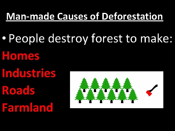 Man-made Causes of Deforestation • People destroy forest to make: Homes Industries Roads Farmland