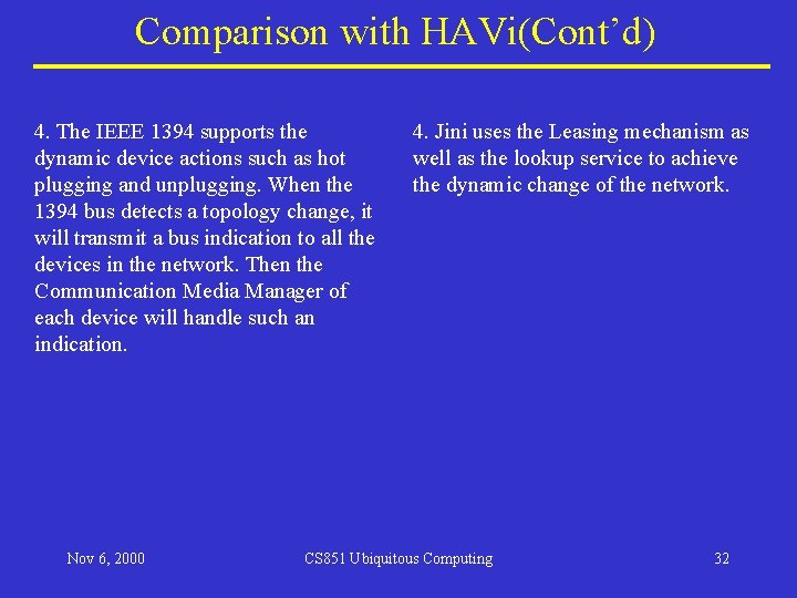 Comparison with HAVi(Cont’d) 4. The IEEE 1394 supports the dynamic device actions such as Comparison with HAVi(Cont’d) 4. The IEEE 1394 supports the dynamic device actions such as