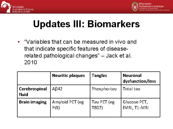 Updates III: Biomarkers • “Variables that can be measured in vivo and that indicate