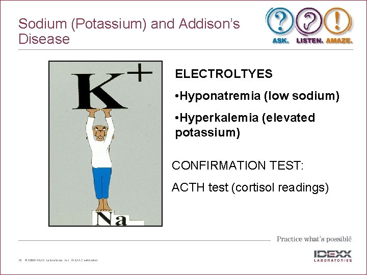 Sodium (Potassium) and Addison’s Disease ELECTROLTYES • Hyponatremia (low sodium) • Hyperkalemia (elevated potassium)