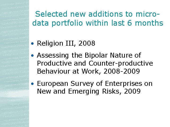 Selected new additions to microdata portfolio within last 6 months • Religion III, 2008 Selected new additions to microdata portfolio within last 6 months • Religion III, 2008