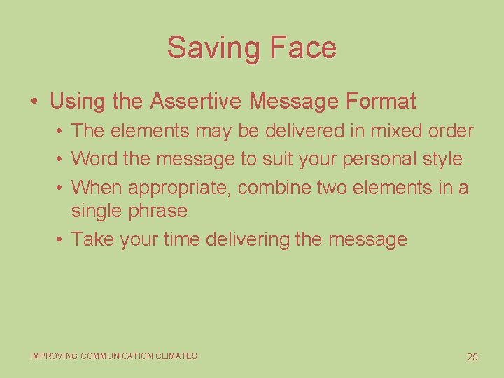 Saving Face • Using the Assertive Message Format • The elements may be delivered