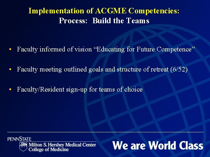 Implementation of ACGME Competencies: Process: Build the Teams • Faculty informed of vision “Educating