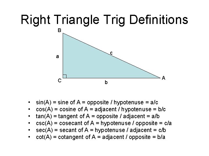 Right Triangle Trig Definitions B c a C • • • b A sin(A)