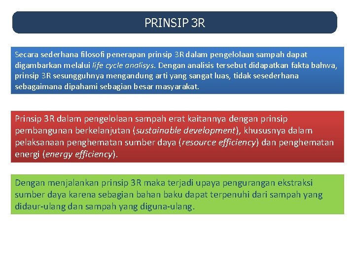 PRINSIP 3 R Secara sederhana filosofi penerapan prinsip 3 R dalam pengelolaan sampah dapat