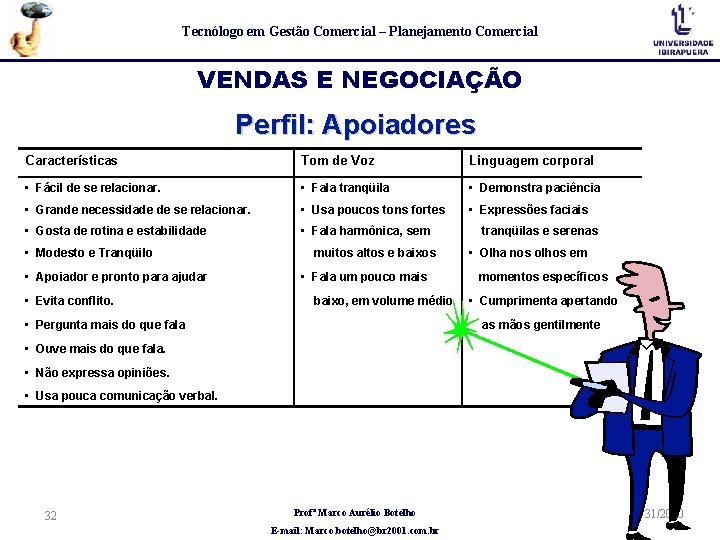 Tecnólogo em Gestão Comercial – Planejamento Comercial VENDAS E NEGOCIAÇÃO Perfil: Apoiadores Características Tom