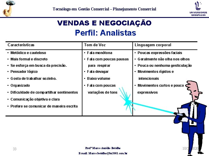 Tecnólogo em Gestão Comercial – Planejamento Comercial VENDAS E NEGOCIAÇÃO Perfil: Analistas Características Tom