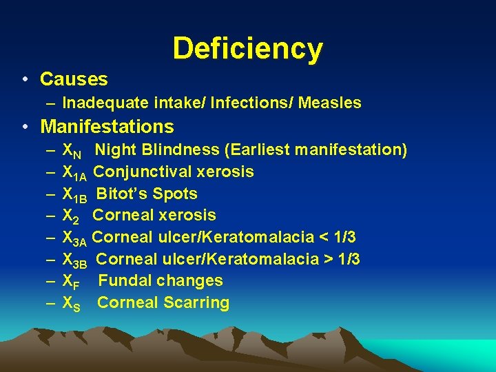 Deficiency • Causes – Inadequate intake/ Infections/ Measles • Manifestations – – – –