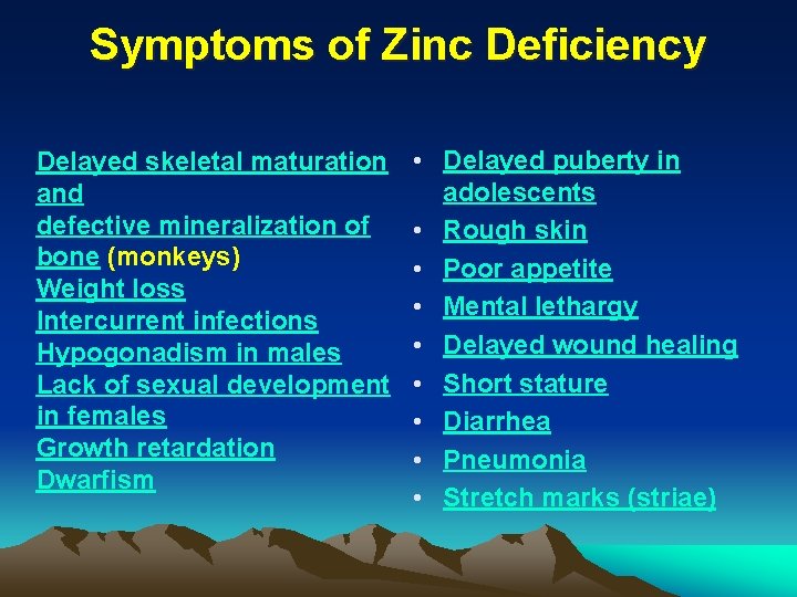 Symptoms of Zinc Deficiency Delayed skeletal maturation and defective mineralization of bone (monkeys) Weight
