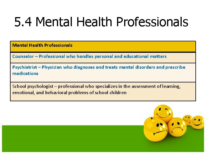 5. 4 Mental Health Professionals Counselor – Professional who handles personal and educational matters 5. 4 Mental Health Professionals Counselor – Professional who handles personal and educational matters