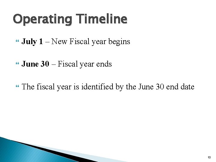 Operating Timeline July 1 – New Fiscal year begins June 30 – Fiscal year