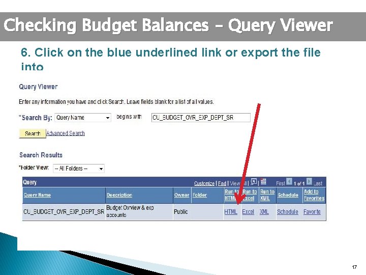 Checking Budget Balances – Query Viewer 6. Click on the blue underlined link or